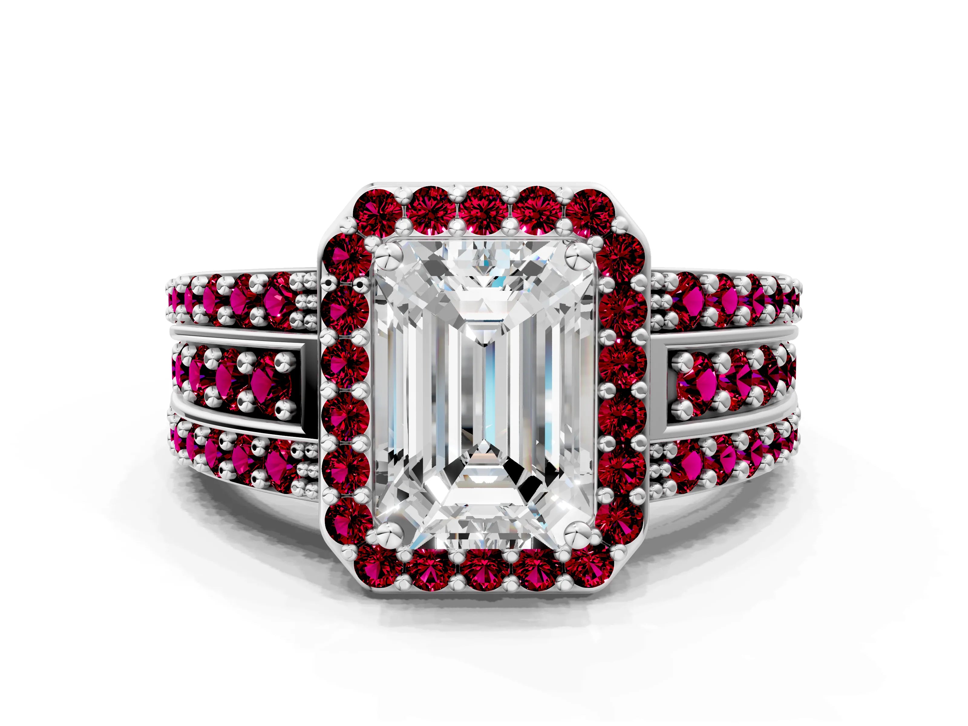 White gold Emerald Cut Halo Diamond Ring with Round with Garnet side stone Split Shank and Prong Setting_24