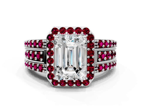 White gold Emerald Cut Halo Diamond Ring with Round with Garnet side stone Split Shank and Prong Setting_24