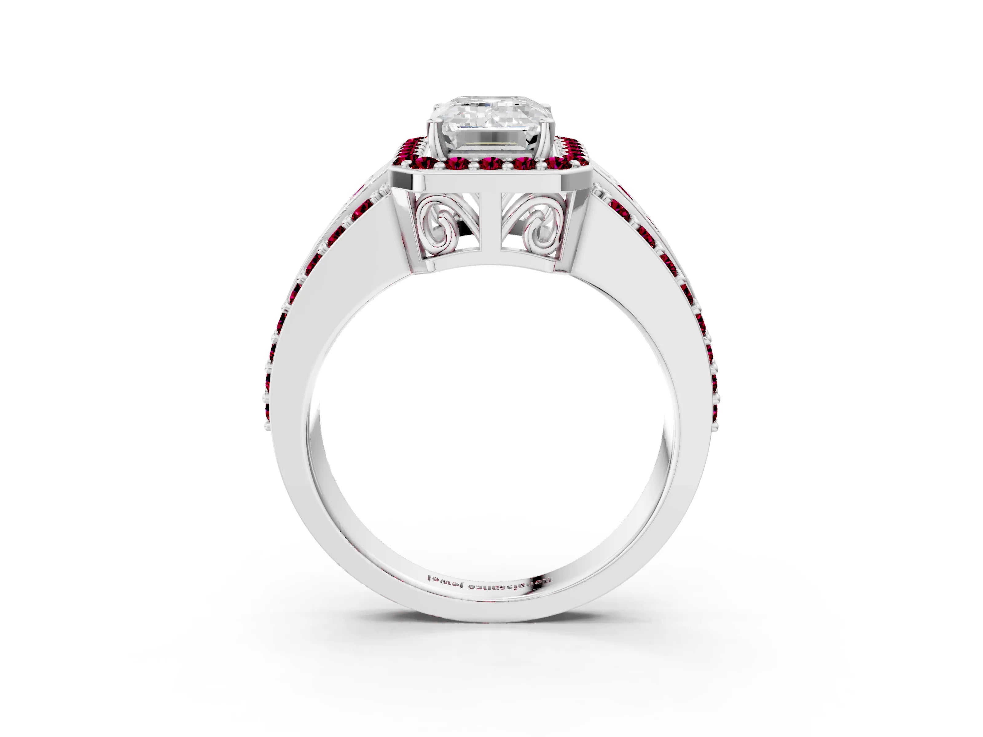 White gold Emerald Cut Halo Diamond Ring with Round with Garnet side stone Split Shank and Prong Setting_27