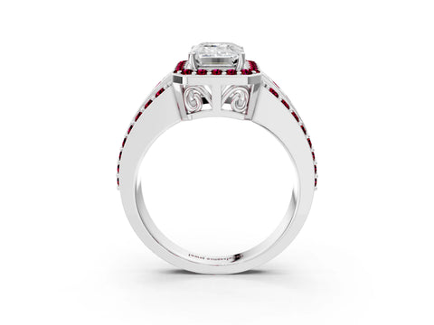 White gold Emerald Cut Halo Diamond Ring with Round with Garnet side stone Split Shank and Prong Setting_27