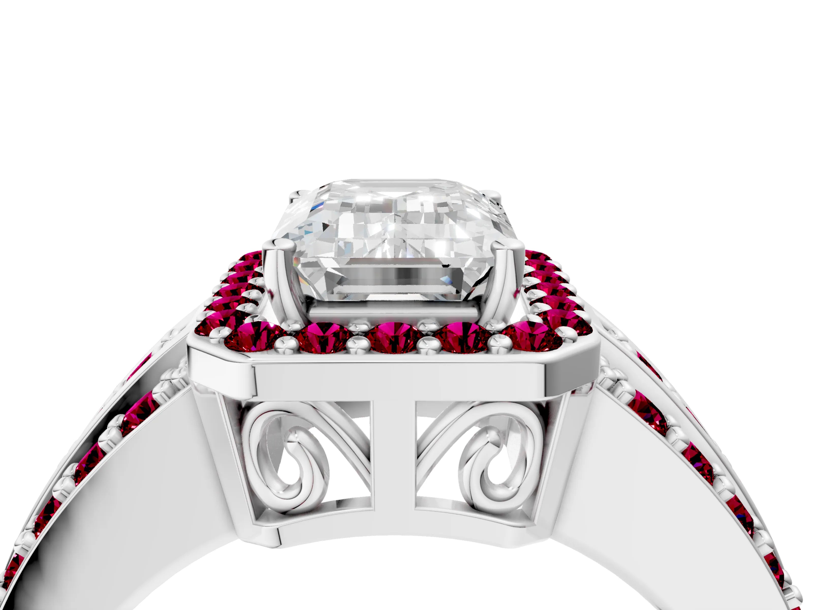 White gold Emerald Cut Halo Diamond Ring with Round with Garnet side stone Split Shank and Prong Setting_28