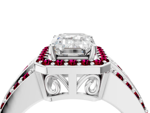 White gold Emerald Cut Halo Diamond Ring with Round with Garnet side stone Split Shank and Prong Setting_28