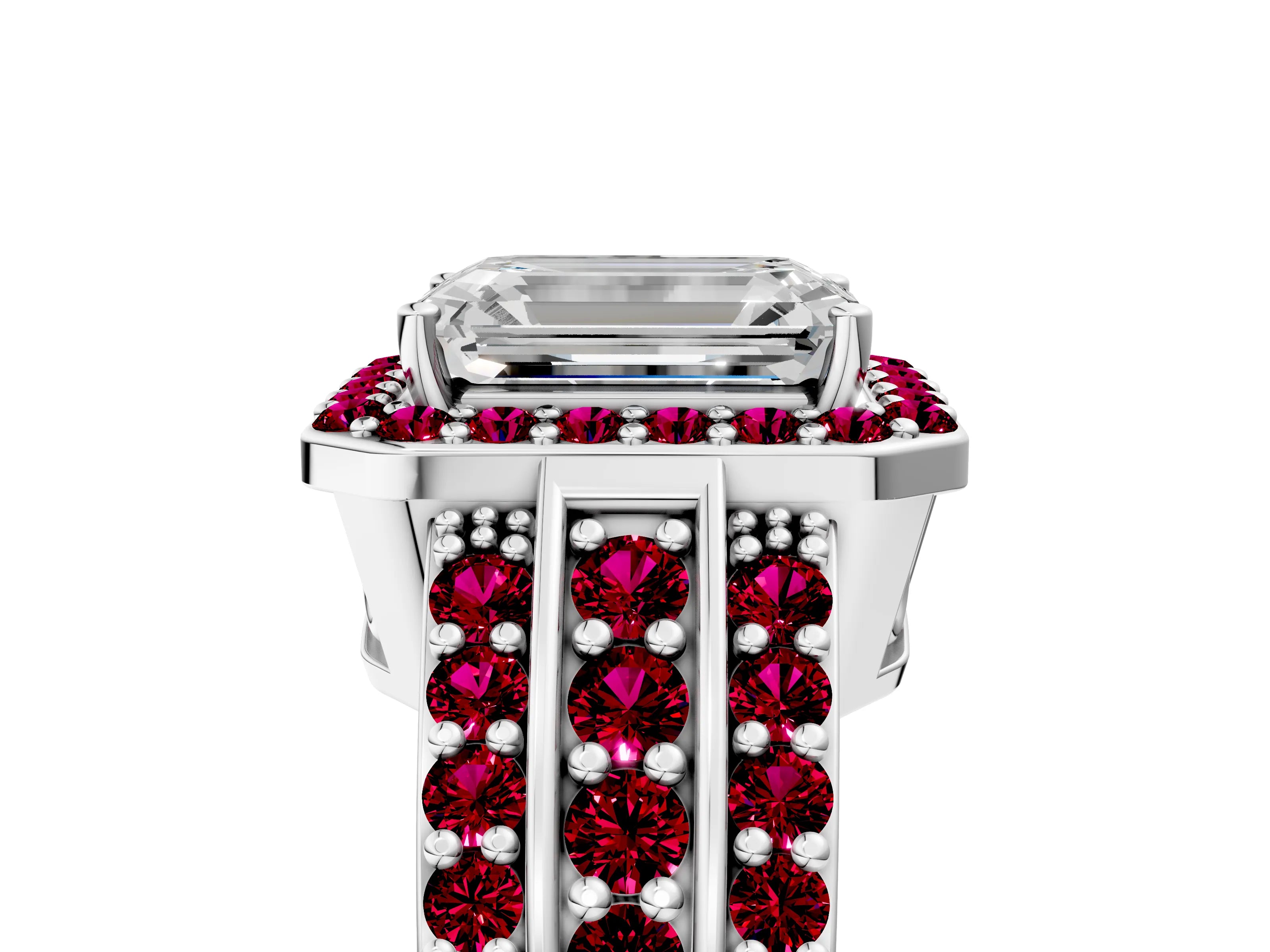 White gold Emerald Cut Halo Diamond Ring with Round with Garnet side stone Split Shank and Prong Setting_29