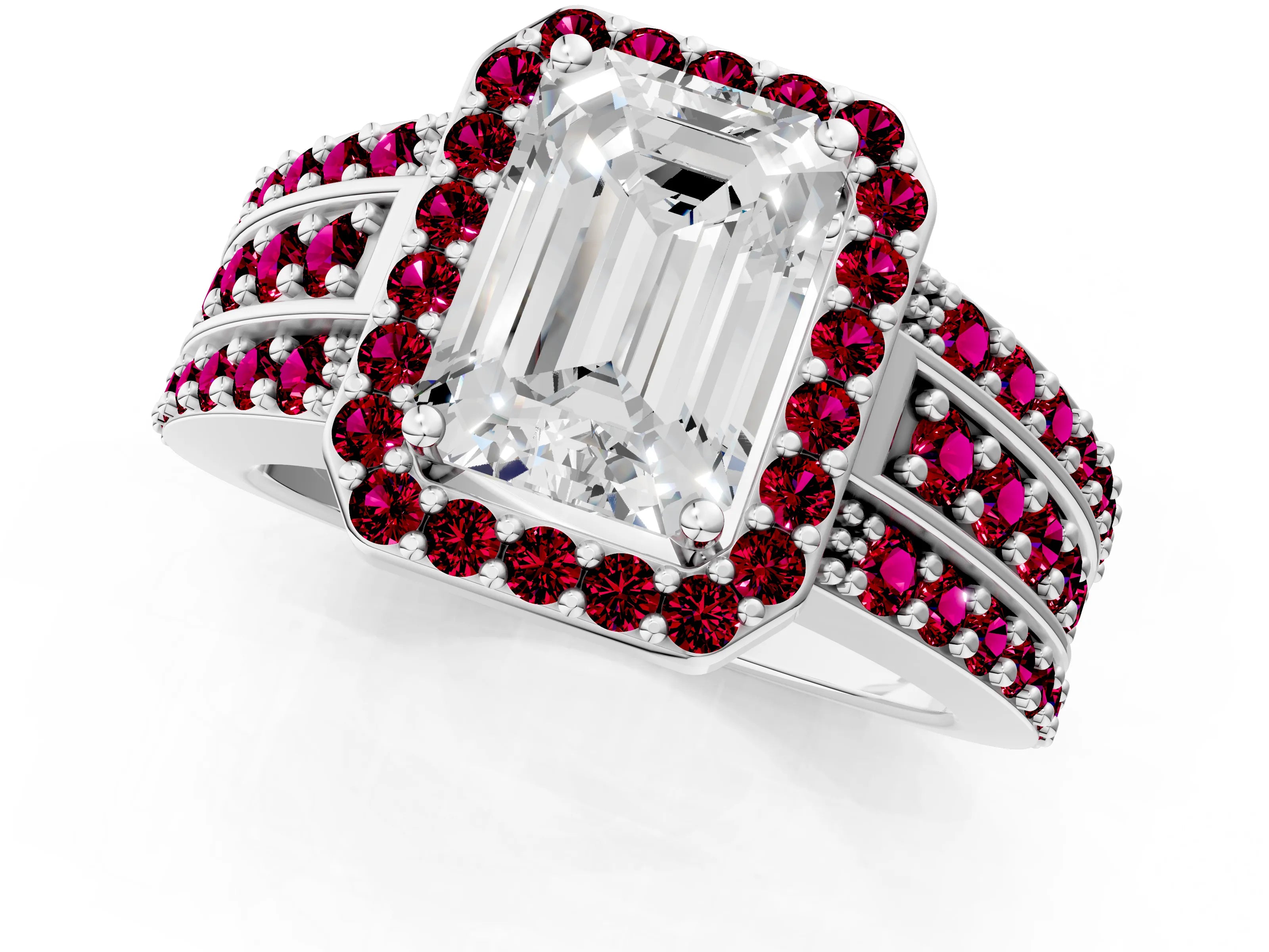 White gold Emerald Cut Halo Diamond Ring with Round with Garnet side stone Split Shank and Prong Setting_37