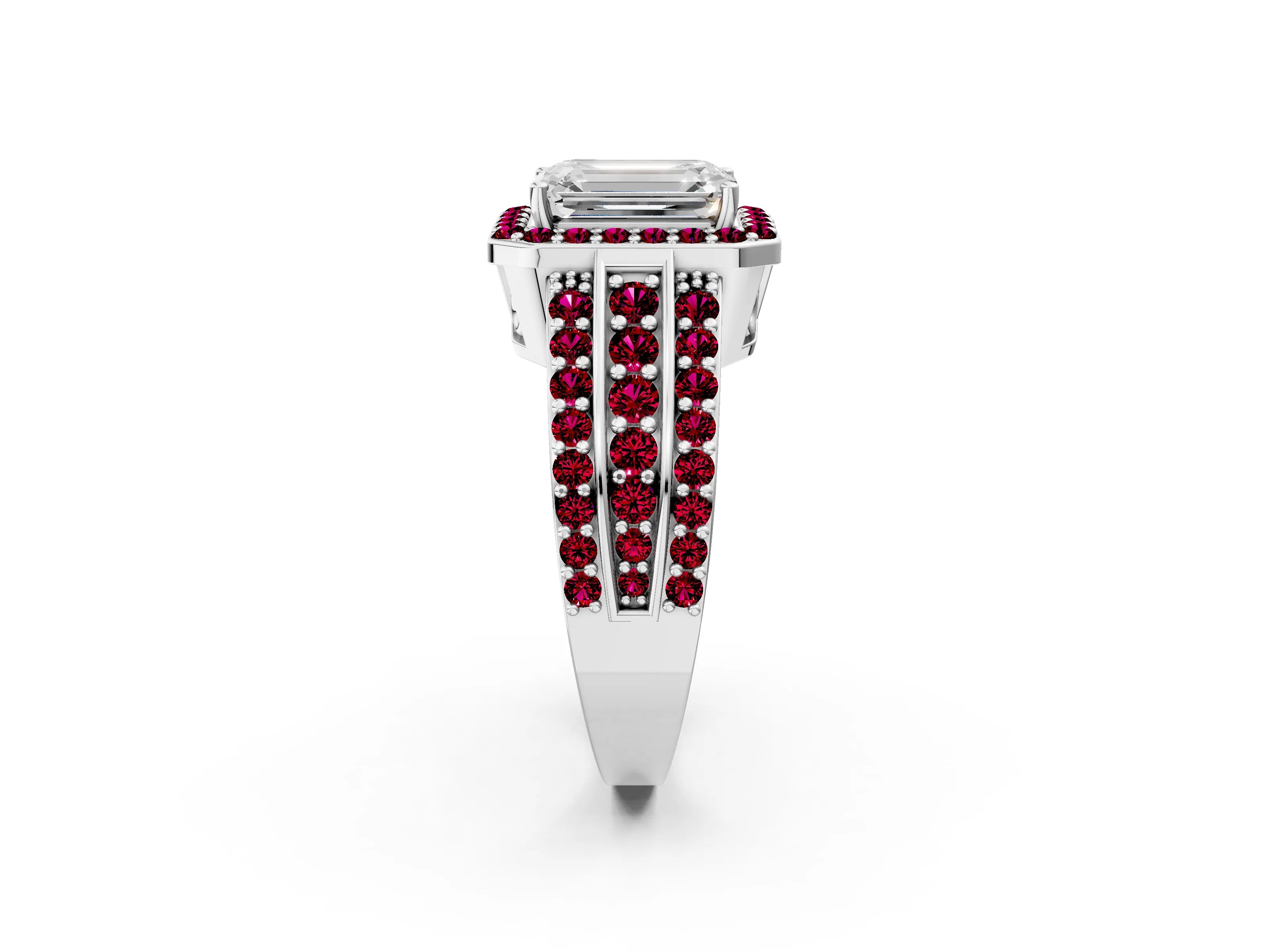 White gold Emerald Cut Halo Diamond Ring with Round with Garnet side stone Split Shank and Prong Setting_38