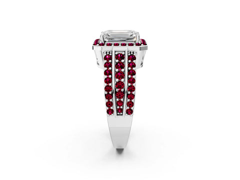 White gold Emerald Cut Halo Diamond Ring with Round with Garnet side stone Split Shank and Prong Setting_38