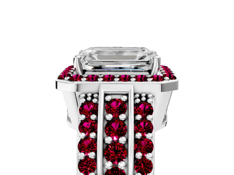 White gold Emerald Cut Halo Diamond Ring with Round with Garnet side stone Split Shank and Prong Setting_41