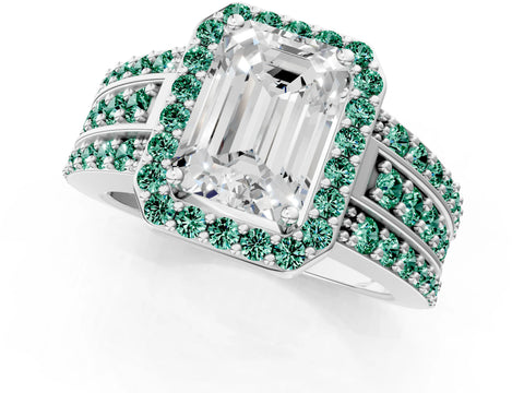 White gold Emerald Cut Halo Diamond Ring with Round with Green Sapphire side stone Split Shank and Prong Setting_31