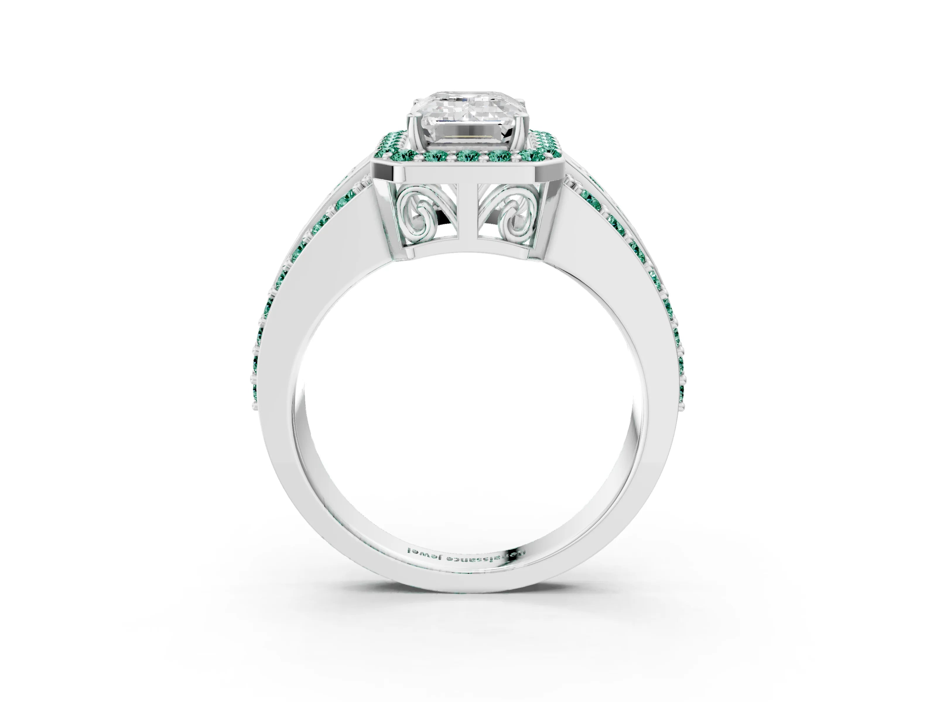 White gold Emerald Cut Halo Diamond Ring with Round with Green Sapphire side stone Split Shank and Prong Setting_33
