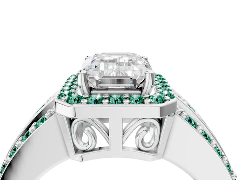 White gold Emerald Cut Halo Diamond Ring with Round with Green Sapphire side stone Split Shank and Prong Setting_34