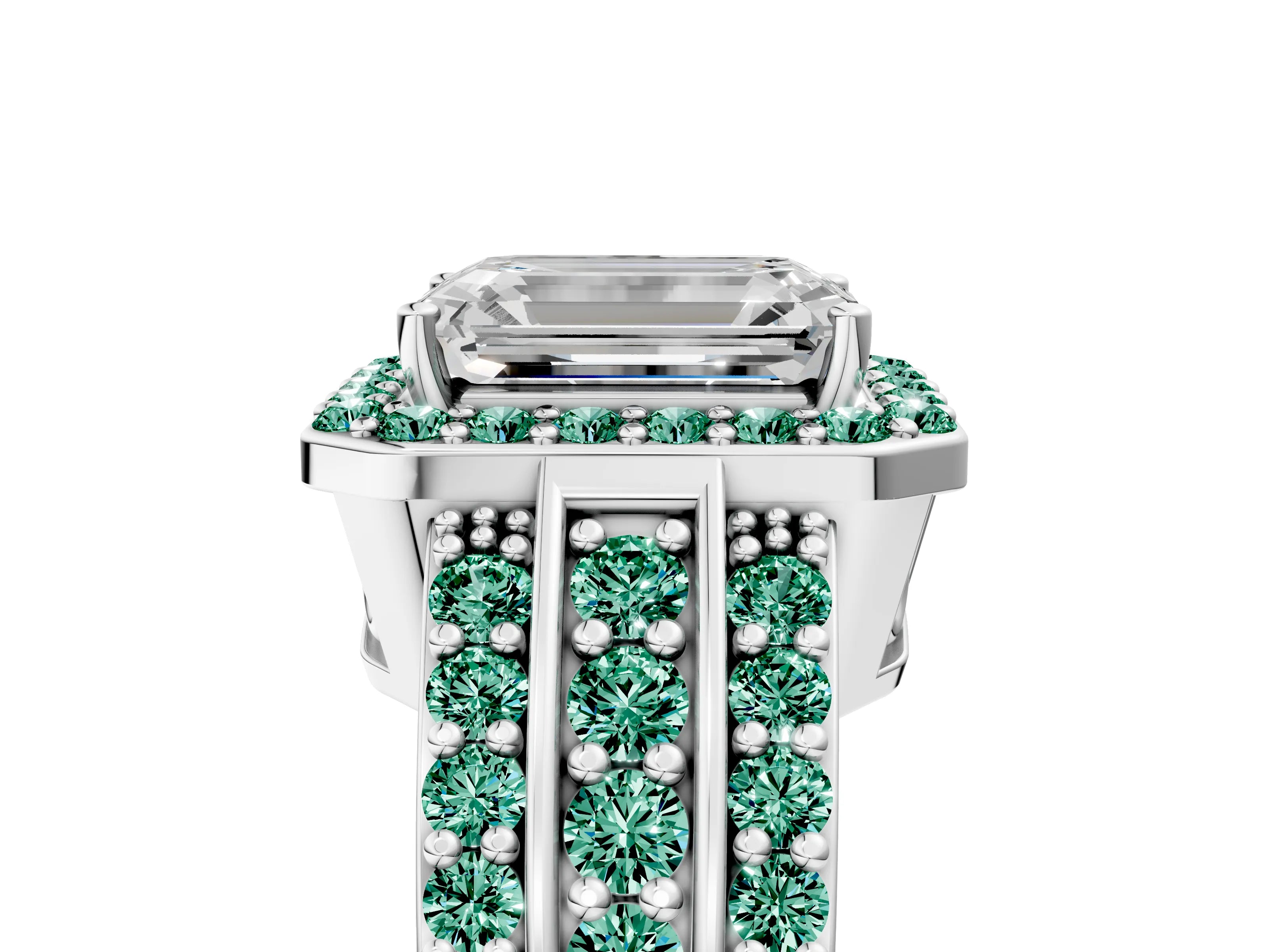 White gold Emerald Cut Halo Diamond Ring with Round with Green Sapphire side stone Split Shank and Prong Setting_35