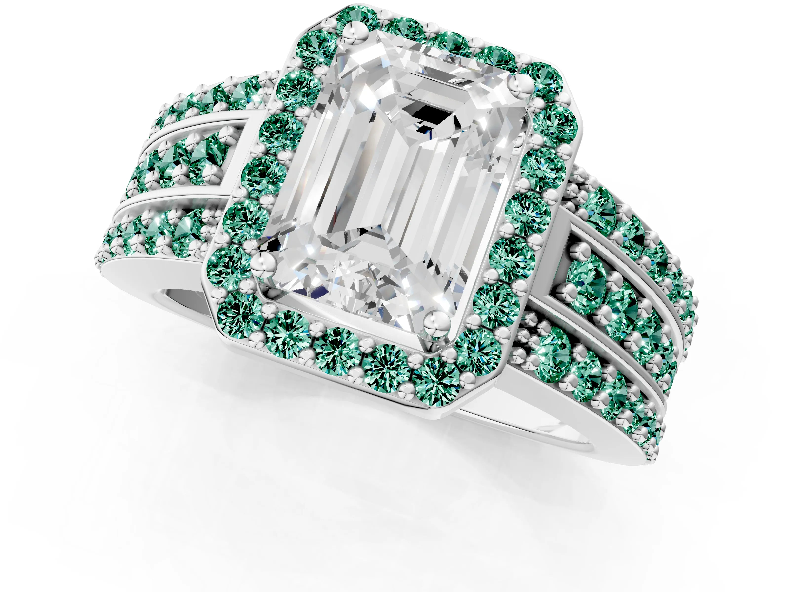 White gold Emerald Cut Halo Diamond Ring with Round with Green Sapphire side stone Split Shank and Prong Setting_37