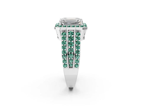 White gold Emerald Cut Halo Diamond Ring with Round with Green Sapphire side stone Split Shank and Prong Setting_38