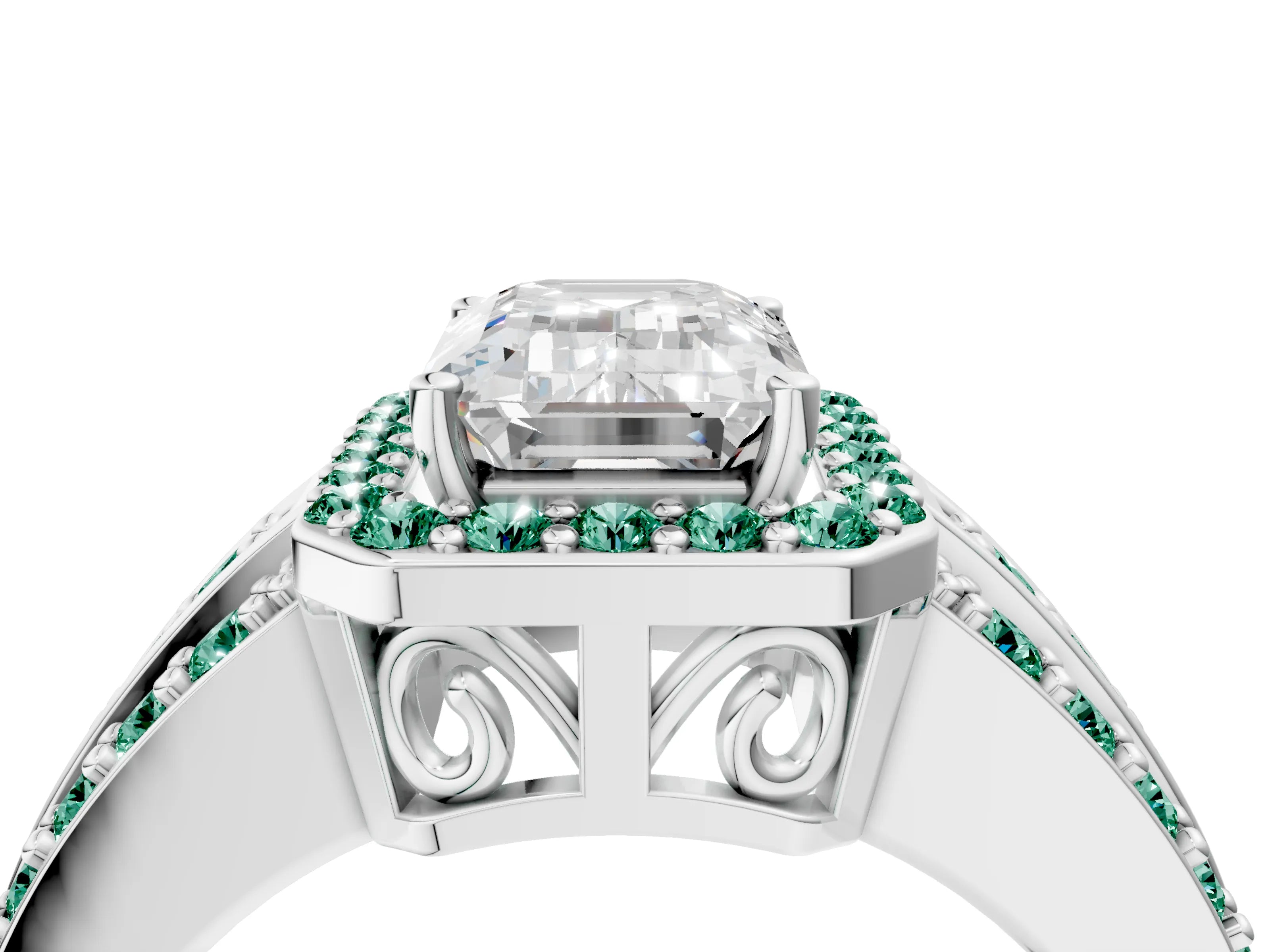 White gold Emerald Cut Halo Diamond Ring with Round with Green Sapphire side stone Split Shank and Prong Setting_40