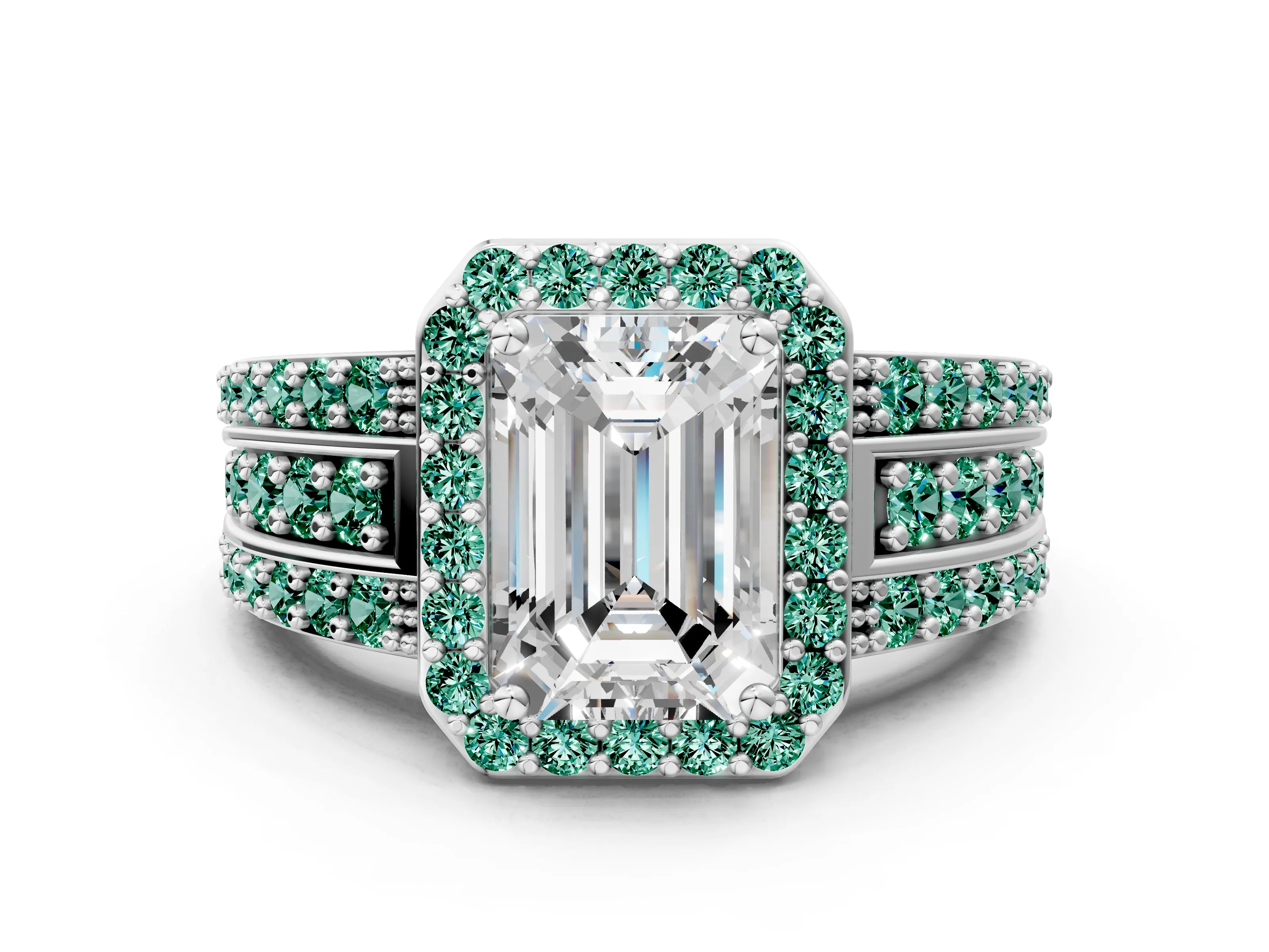 White gold Emerald Cut Halo Diamond Ring with Round with Green Sapphire side stone Split Shank and Prong Setting_42