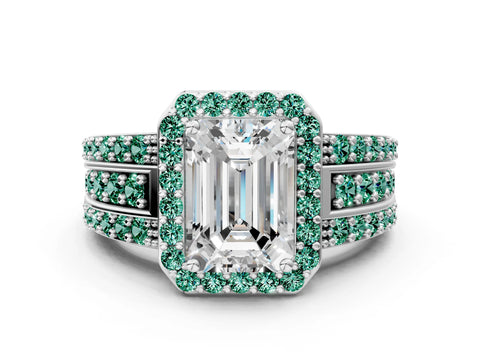White gold Emerald Cut Halo Diamond Ring with Round with Green Sapphire side stone Split Shank and Prong Setting_42