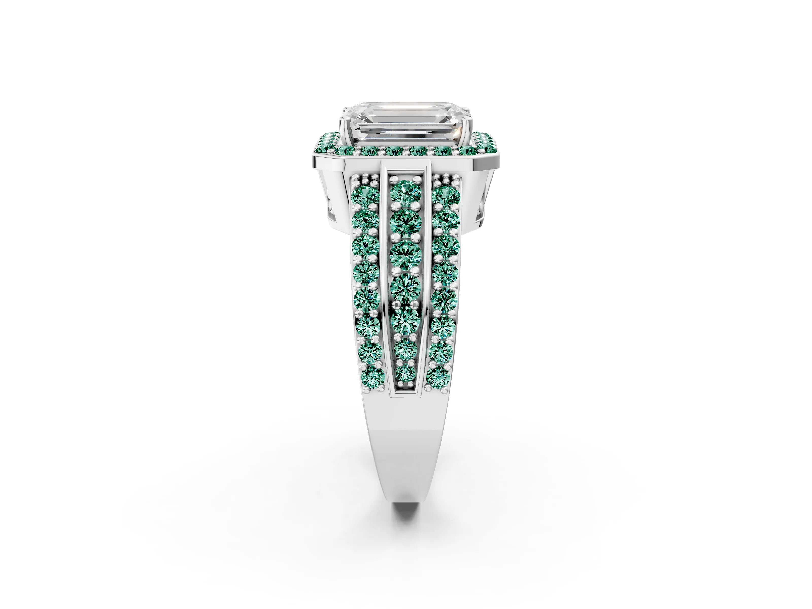 White gold Emerald Cut Halo Diamond Ring with Round with Green Sapphire side stone Split Shank and Prong Setting_44