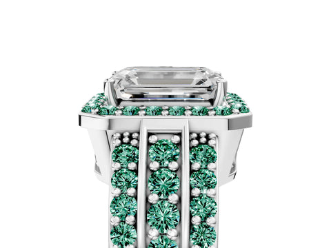 White gold Emerald Cut Halo Diamond Ring with Round with Green Sapphire side stone Split Shank and Prong Setting_47