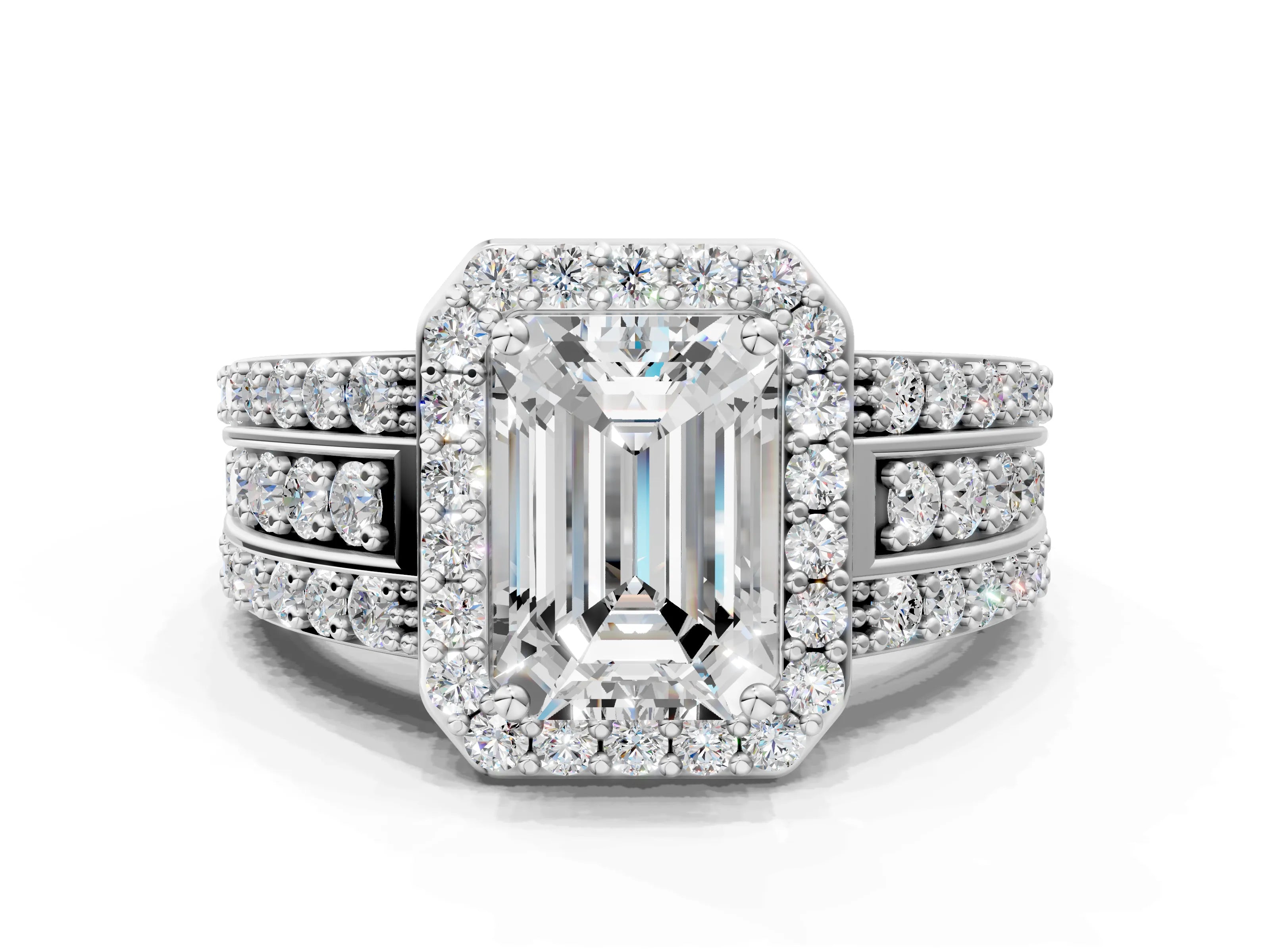 White gold Emerald Cut Halo Diamond Ring with Round with Moissanite side stone Split Shank and Prong Setting_36