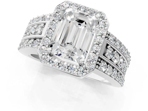 White gold Emerald Cut Halo Diamond Ring with Round with Moissanite side stone Split Shank and Prong Setting_37