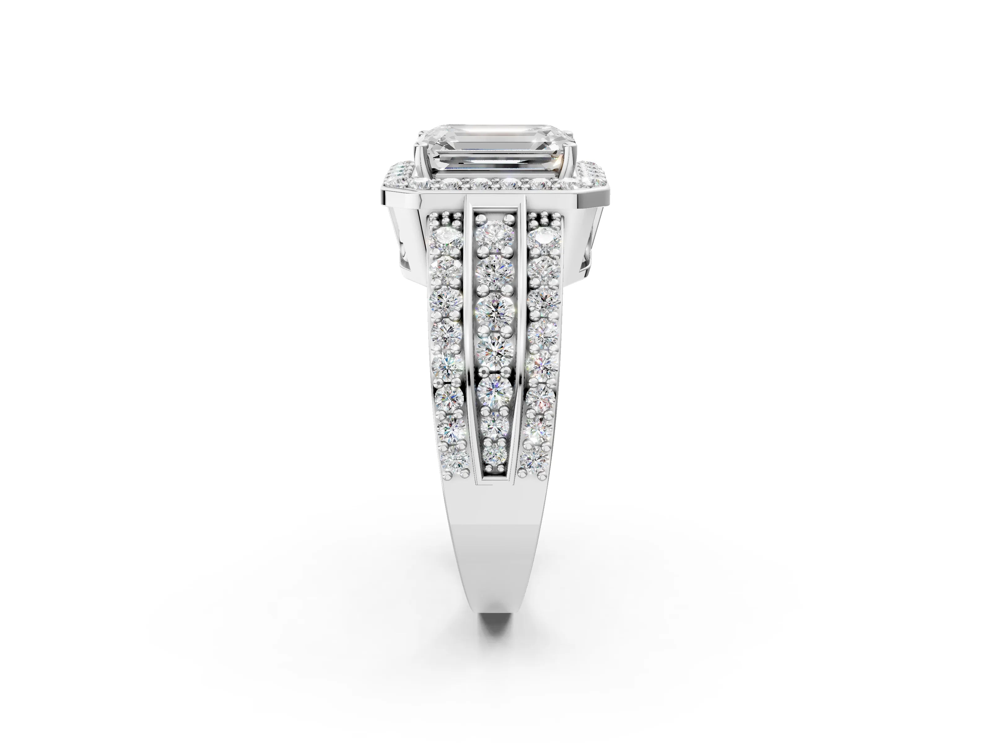 White gold Emerald Cut Halo Diamond Ring with Round with Moissanite side stone Split Shank and Prong Setting_38