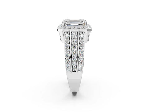 White gold Emerald Cut Halo Diamond Ring with Round with Moissanite side stone Split Shank and Prong Setting_38
