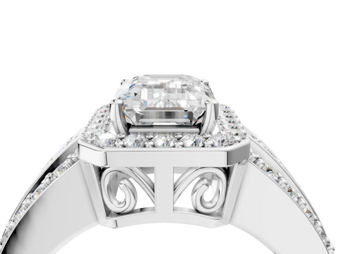 White gold Emerald Cut Halo Diamond Ring with Round with Moissanite side stone Split Shank and Prong Setting_40