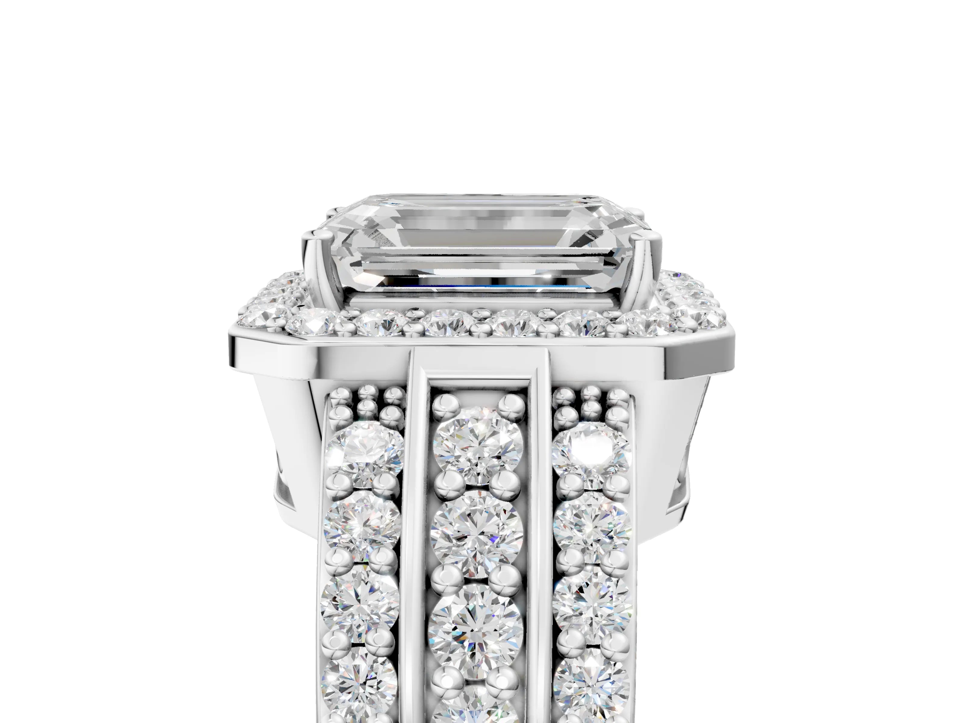 White gold Emerald Cut Halo Diamond Ring with Round with Moissanite side stone Split Shank and Prong Setting_41