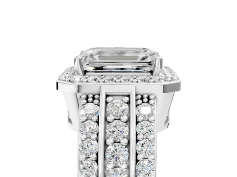 White gold Emerald Cut Halo Diamond Ring with Round with Moissanite side stone Split Shank and Prong Setting_41