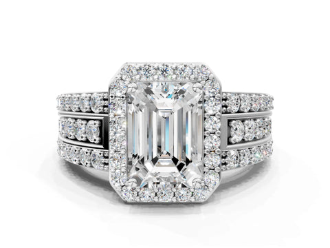 White gold Emerald Cut Halo Diamond Ring with Round with Moissanite side stone Split Shank and Prong Setting_48