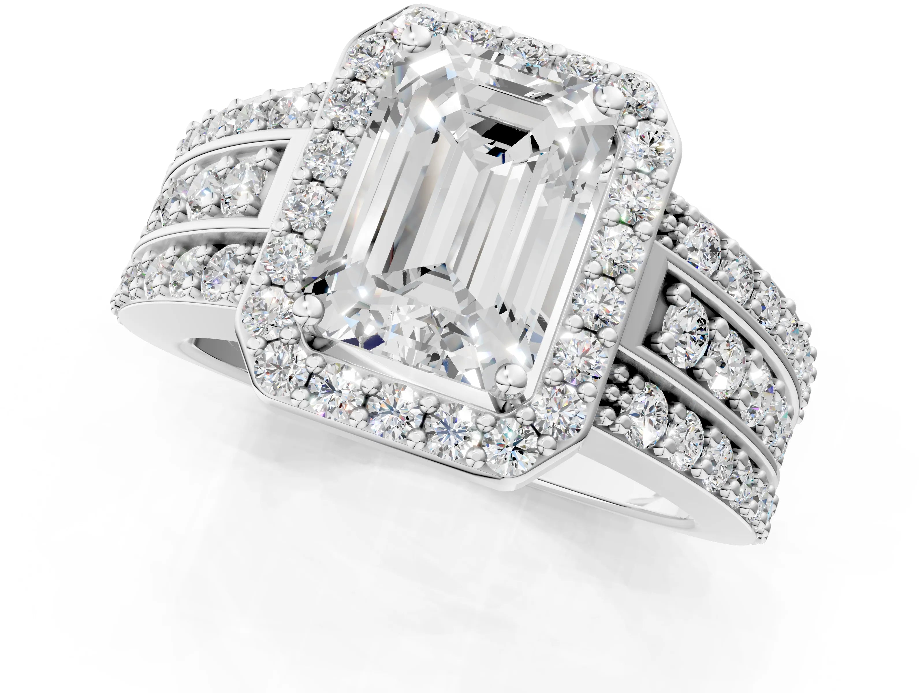 White gold Emerald Cut Halo Diamond Ring with Round with Moissanite side stone Split Shank and Prong Setting_49