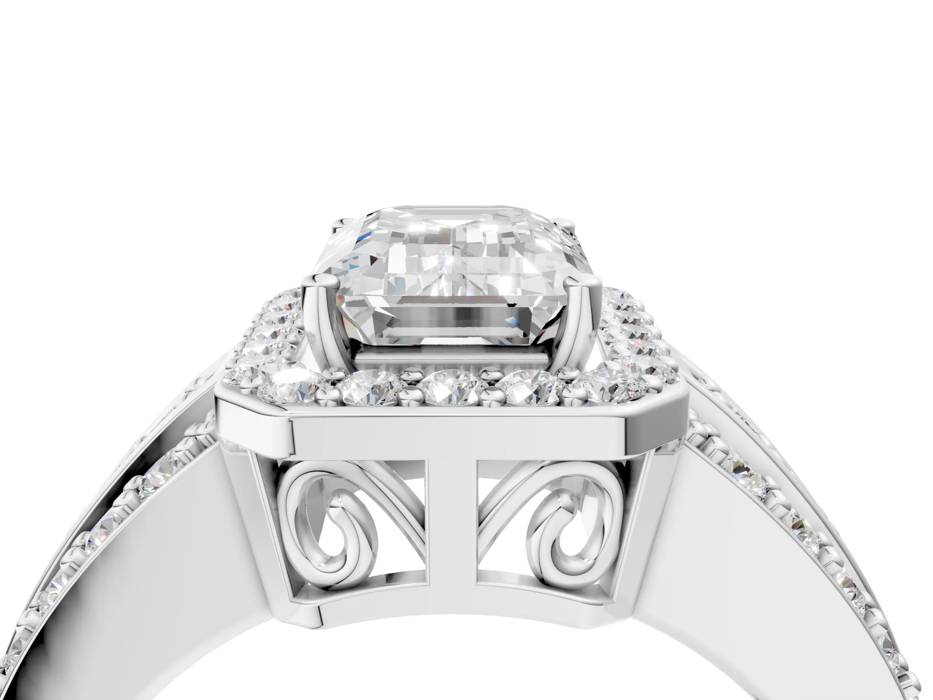 White gold Emerald Cut Halo Diamond Ring with Round with Moissanite side stone Split Shank and Prong Setting_52