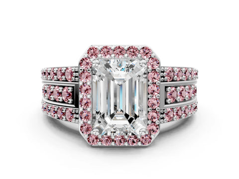 White gold Emerald Cut Halo Diamond Ring with Round with Morganite side stone Split Shank and Prong Setting_36