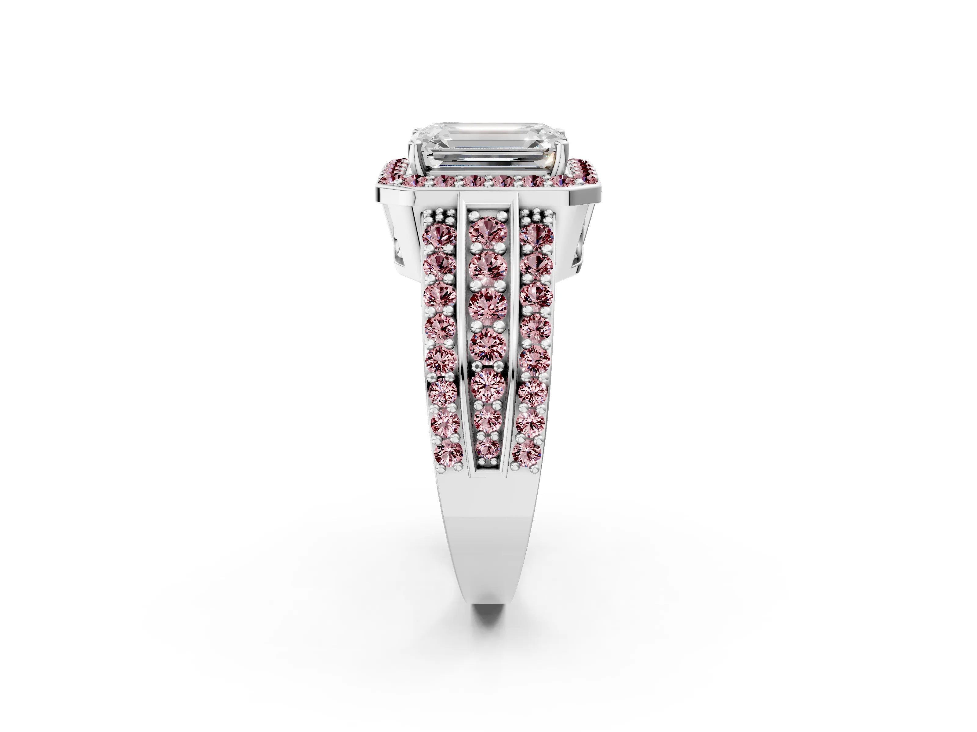 White gold Emerald Cut Halo Diamond Ring with Round with Morganite side stone Split Shank and Prong Setting_38
