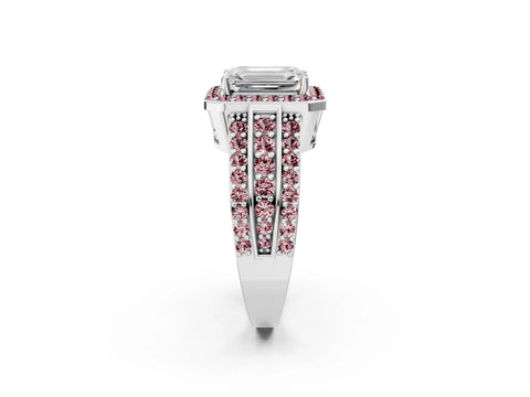 White gold Emerald Cut Halo Diamond Ring with Round with Morganite side stone Split Shank and Prong Setting_38