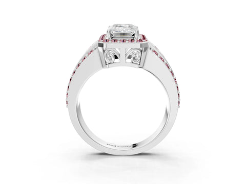 White gold Emerald Cut Halo Diamond Ring with Round with Morganite side stone Split Shank and Prong Setting_39