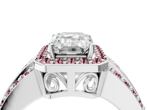 White gold Emerald Cut Halo Diamond Ring with Round with Morganite side stone Split Shank and Prong Setting_40