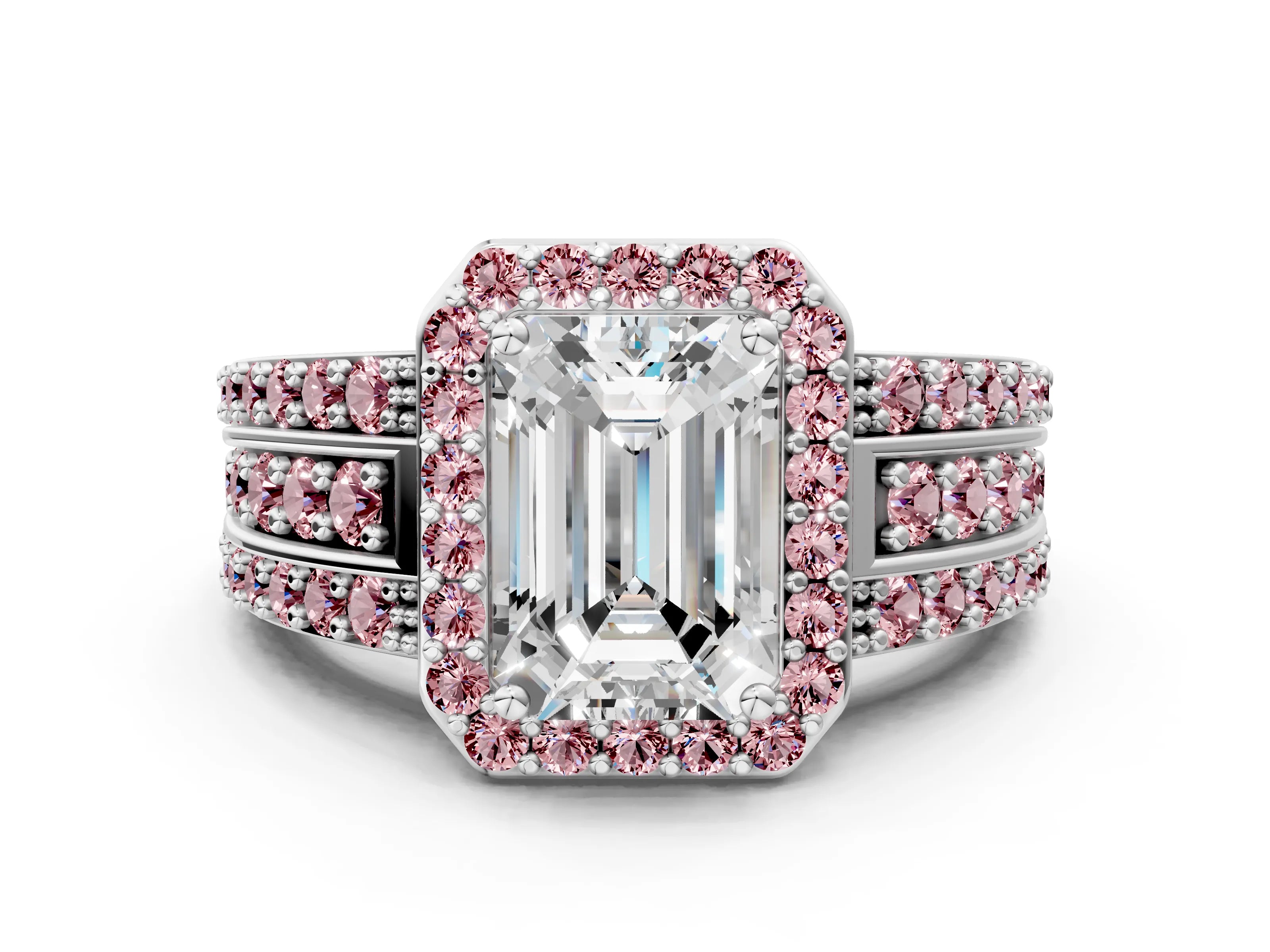 White gold Emerald Cut Halo Diamond Ring with Round with Morganite side stone Split Shank and Prong Setting_48