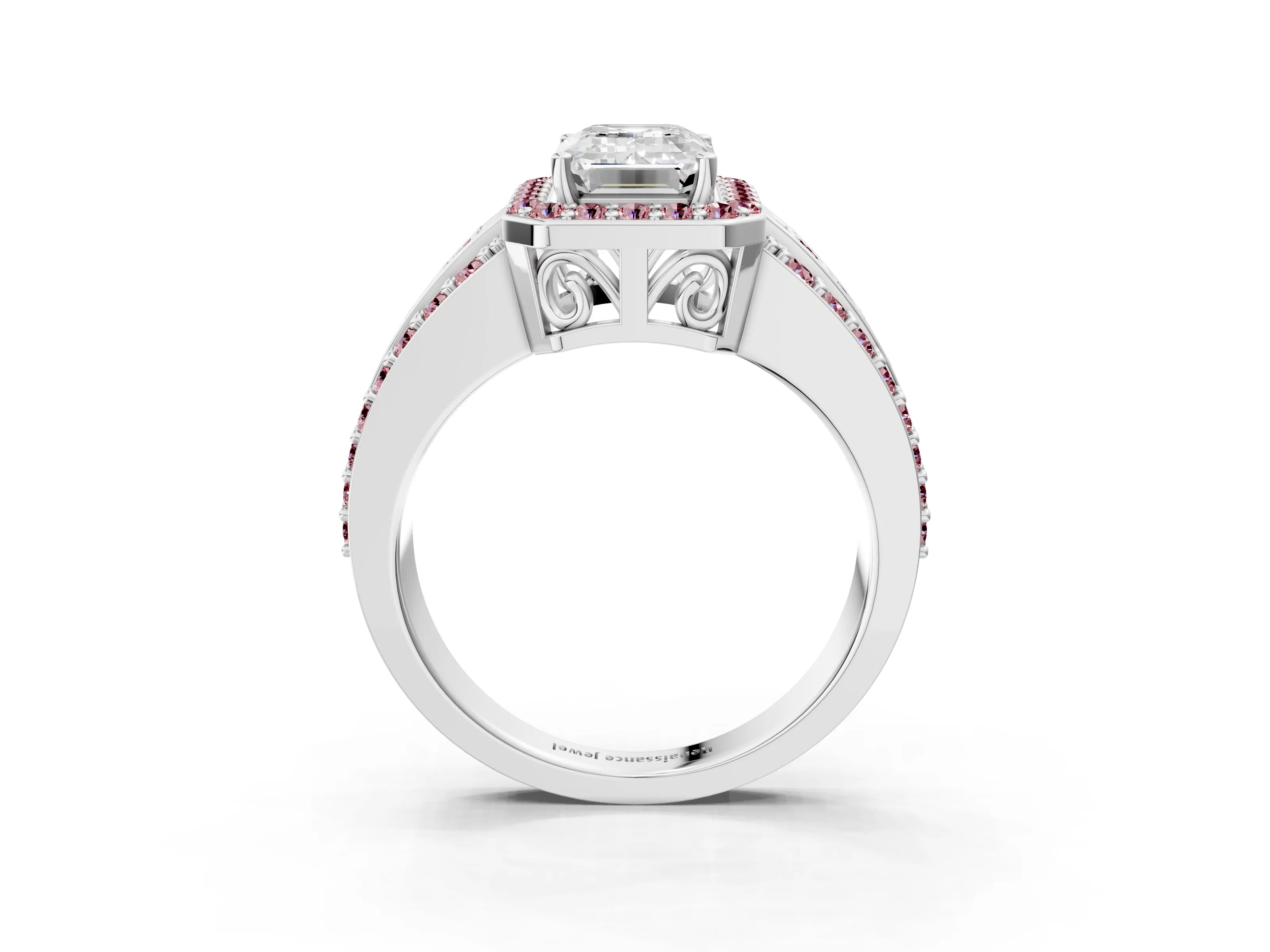 White gold Emerald Cut Halo Diamond Ring with Round with Morganite side stone Split Shank and Prong Setting_51