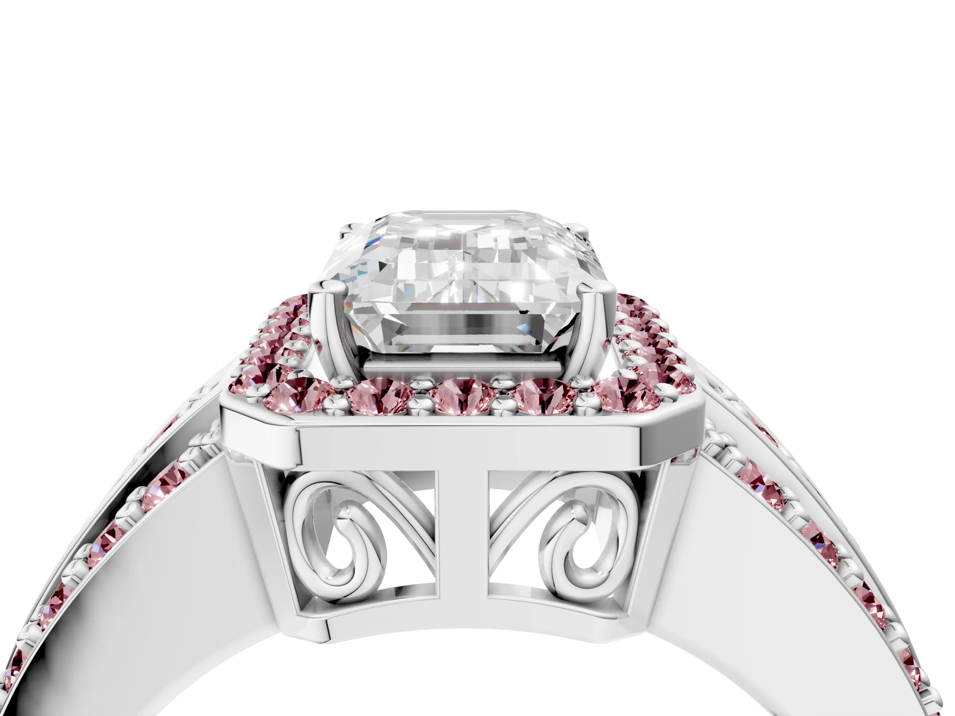 White gold Emerald Cut Halo Diamond Ring with Round with Morganite side stone Split Shank and Prong Setting_52