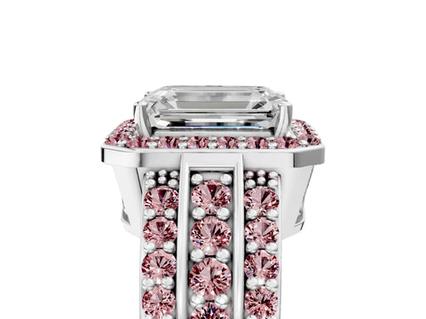 White gold Emerald Cut Halo Diamond Ring with Round with Morganite side stone Split Shank and Prong Setting_53
