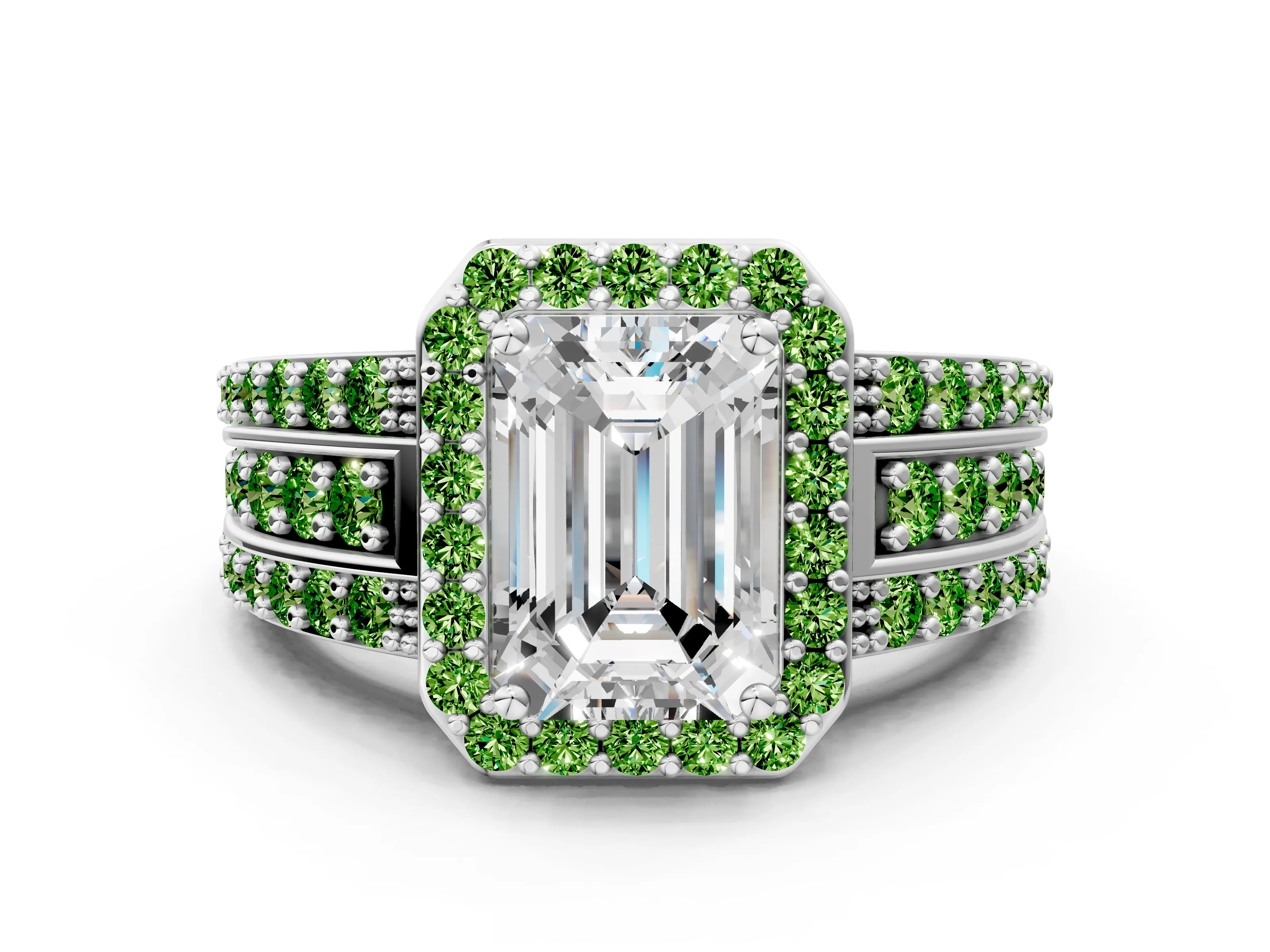 White gold Emerald Cut Halo Diamond Ring with Round with Peridot side stone Split Shank and Prong Setting_12