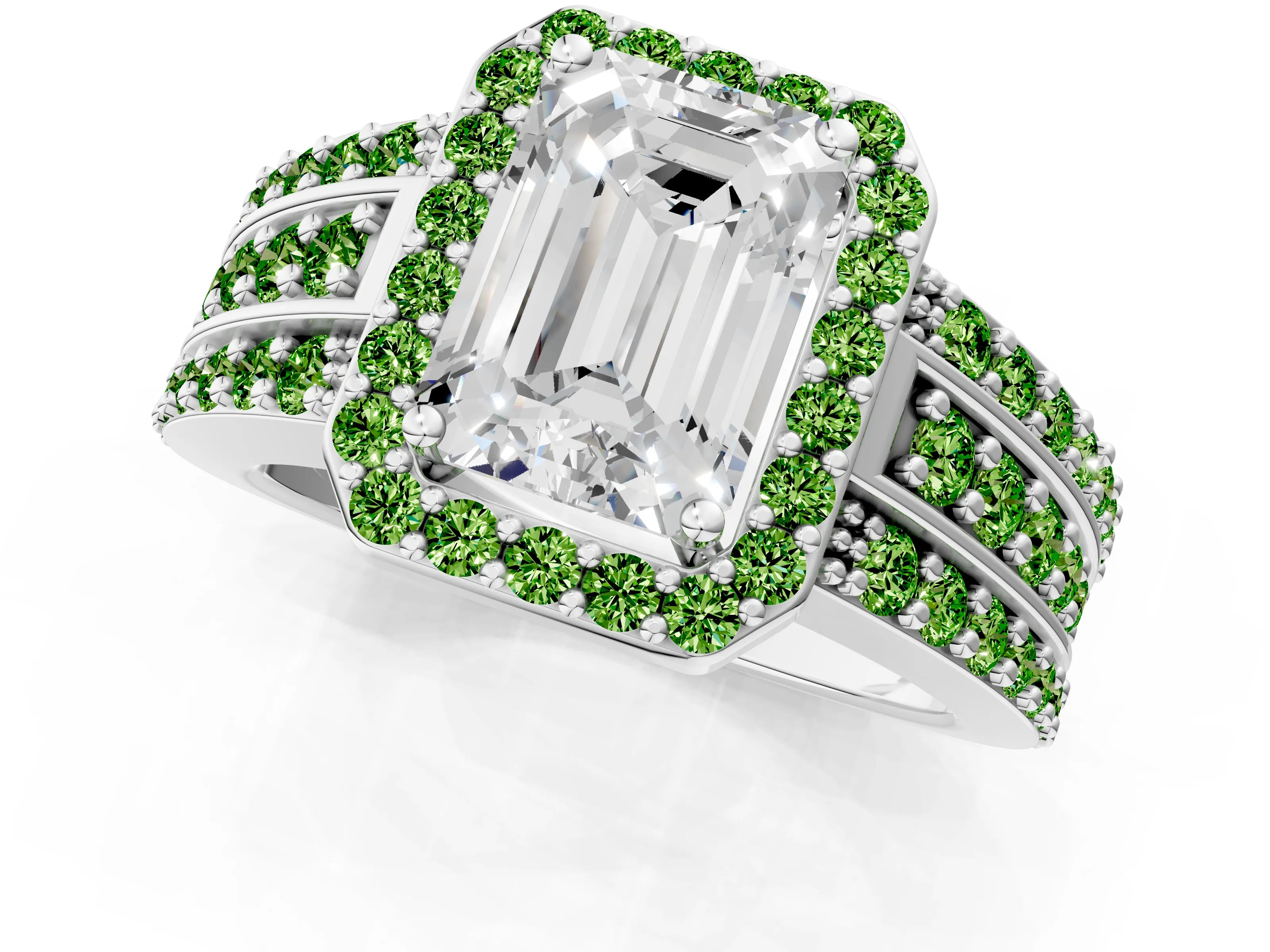 White gold Emerald Cut Halo Diamond Ring with Round with Peridot side stone Split Shank and Prong Setting_13