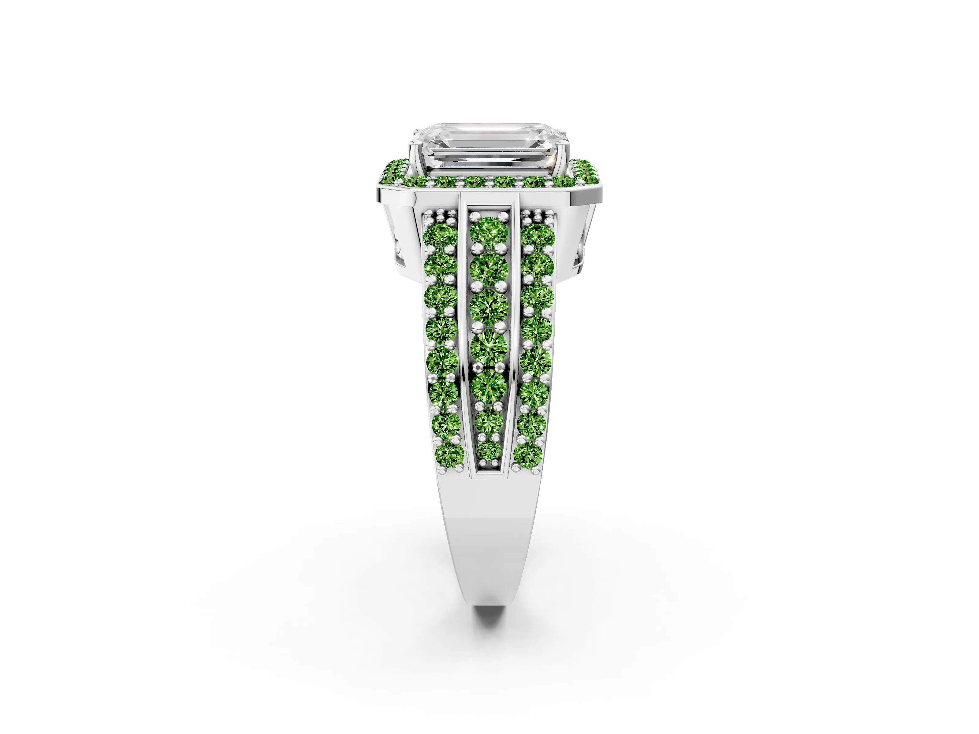 White gold Emerald Cut Halo Diamond Ring with Round with Peridot side stone Split Shank and Prong Setting_14