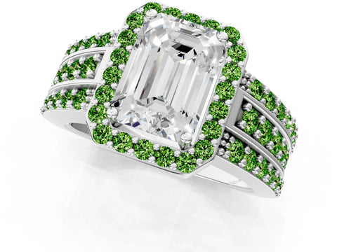 White gold Emerald Cut Halo Diamond Ring with Round with Peridot side stone Split Shank and Prong Setting_1