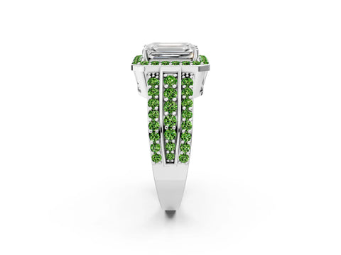White gold Emerald Cut Halo Diamond Ring with Round with Peridot side stone Split Shank and Prong Setting_2