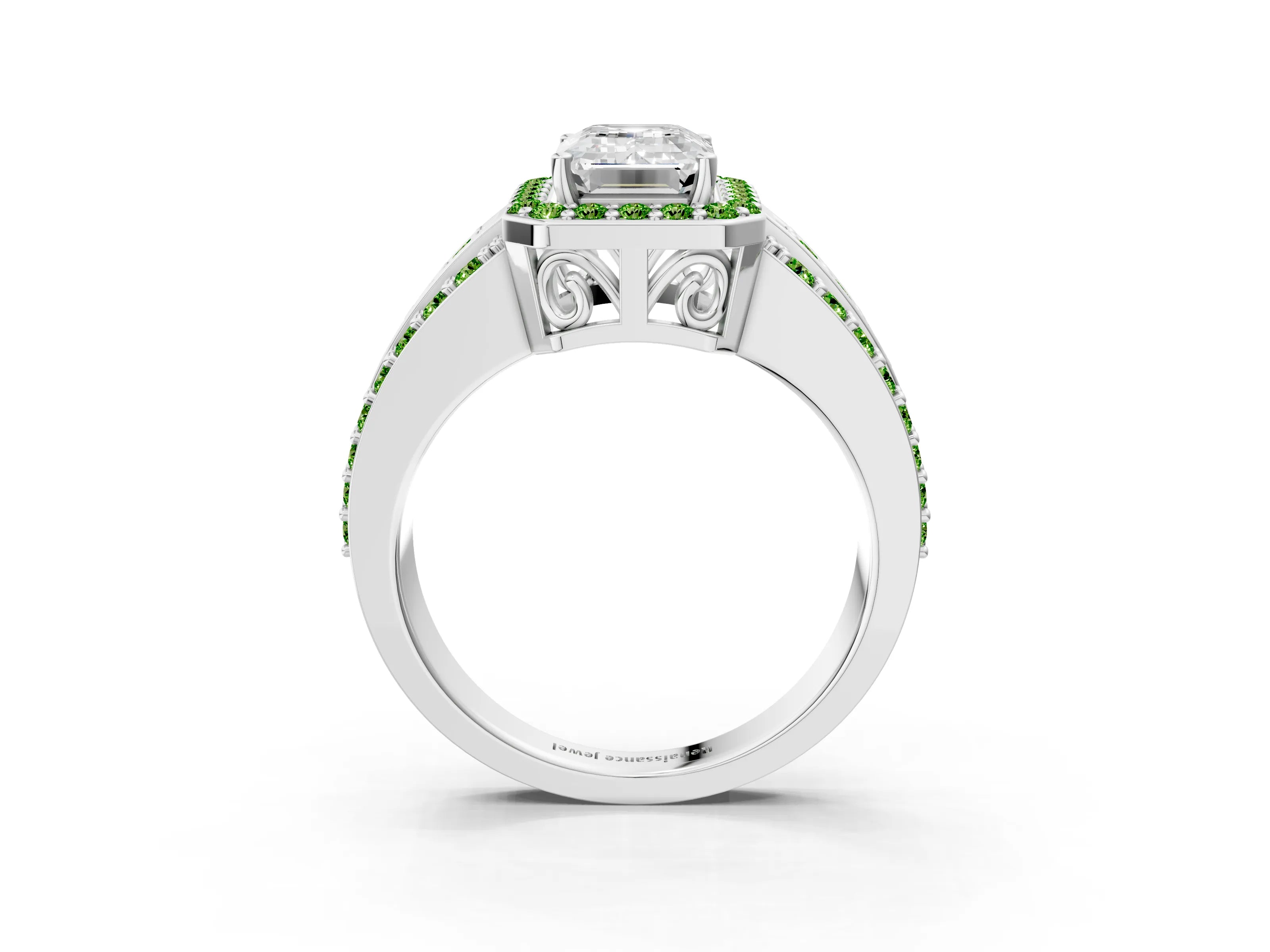White gold Emerald Cut Halo Diamond Ring with Round with Peridot side stone Split Shank and Prong Setting_3