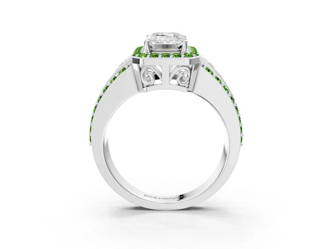 White gold Emerald Cut Halo Diamond Ring with Round with Peridot side stone Split Shank and Prong Setting_3