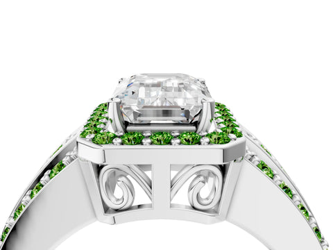 White gold Emerald Cut Halo Diamond Ring with Round with Peridot side stone Split Shank and Prong Setting_4