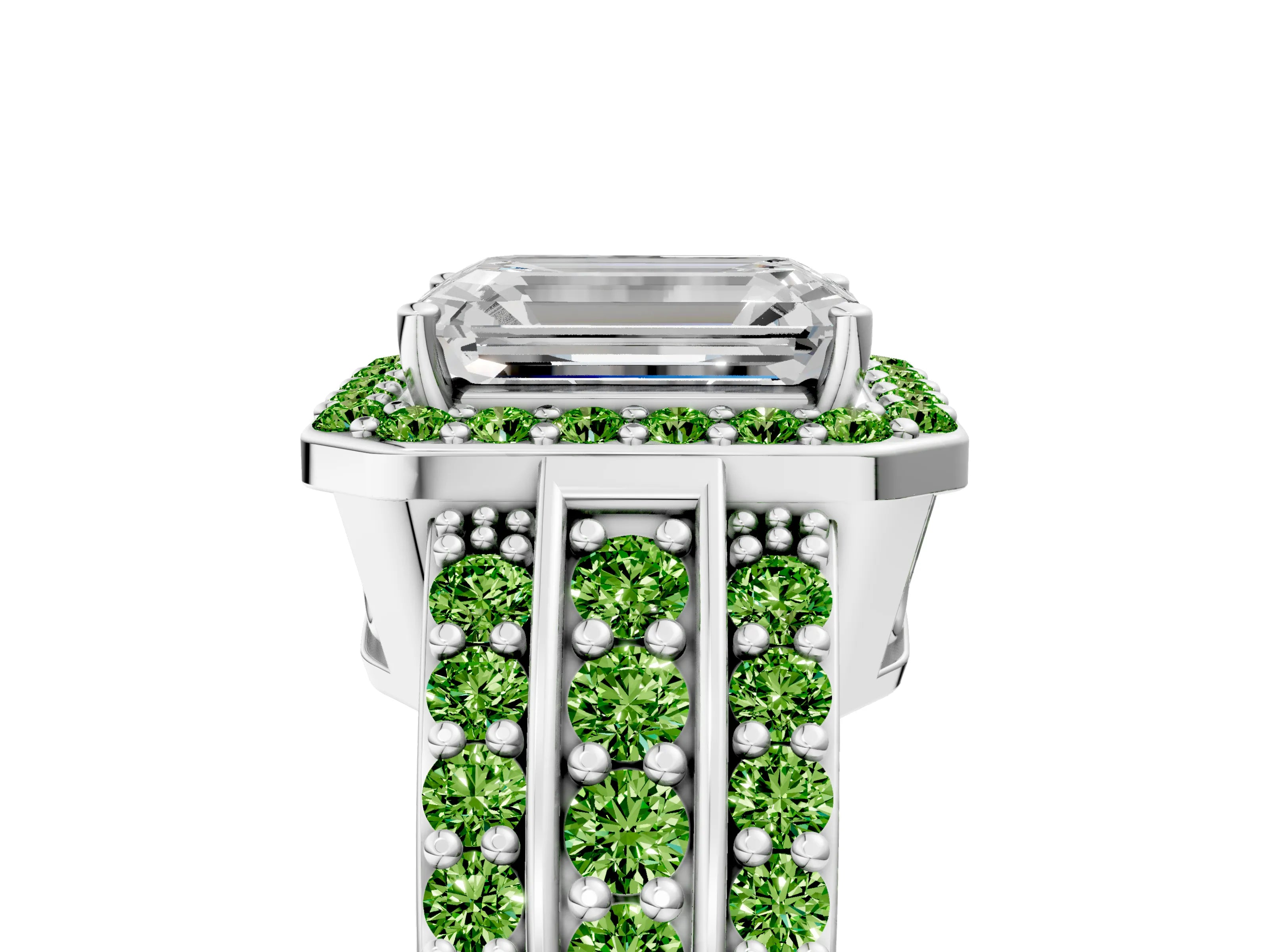White gold Emerald Cut Halo Diamond Ring with Round with Peridot side stone Split Shank and Prong Setting_5
